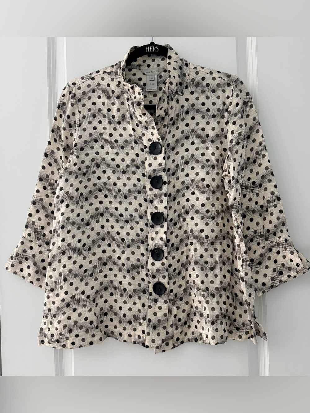 Multiples Beige and Black Polka Dot Button-Down sheer Artsy blouse size PS